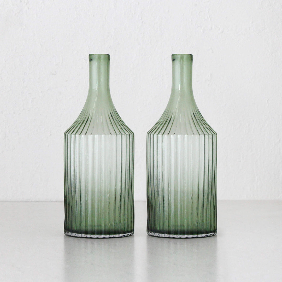 RIDGED BOTTLE GLASS VASE BUNDLE X2 | LARGE | OLIVE GREEN