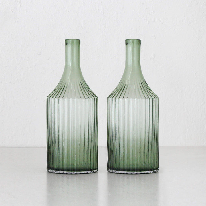 RIDGED BOTTLE GLASS VASE BUNDLE X2 | LARGE | OLIVE GREEN