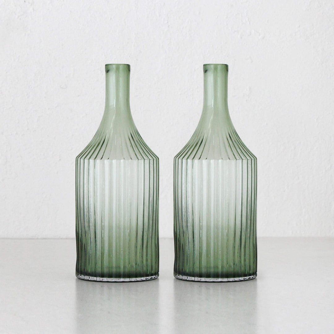 RIDGED BOTTLE GLASS VASE BUNDLE X2  |  LARGE  |  OLIVE GREEN