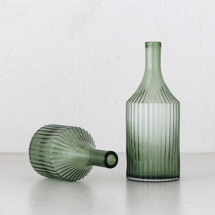 RIDGED BOTTLE GLASS VASE BUNDLE X2 | LARGE | OLIVE GREEN