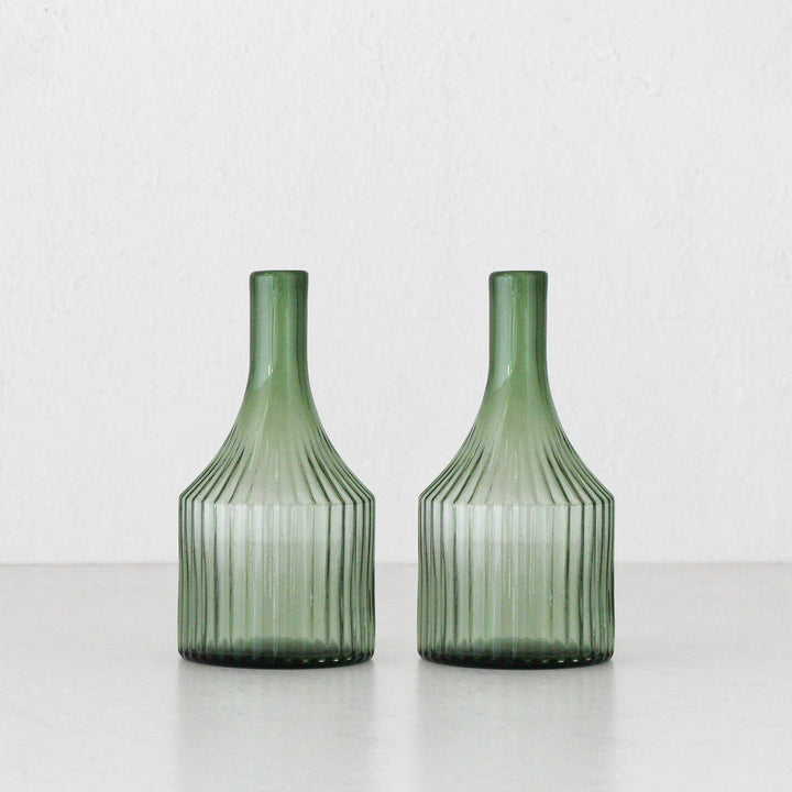 RIDGED BOTTLE GLASS VASE BUNDLE X2 | MEDIUM | OLIVE GREEN