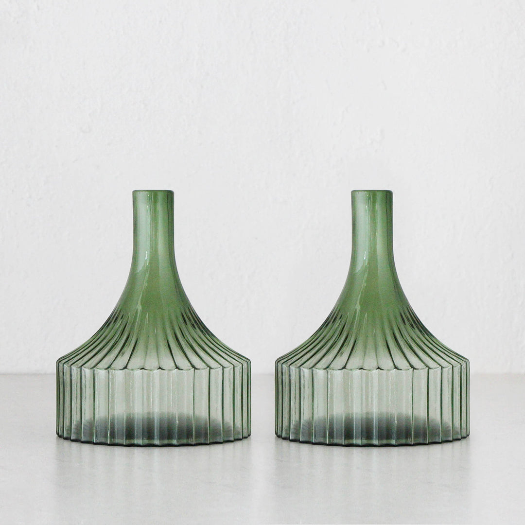 RIDGED BOTTLE GLASS VASE BUNDLE X2  |  SHORT  |  OLIVE GREEN