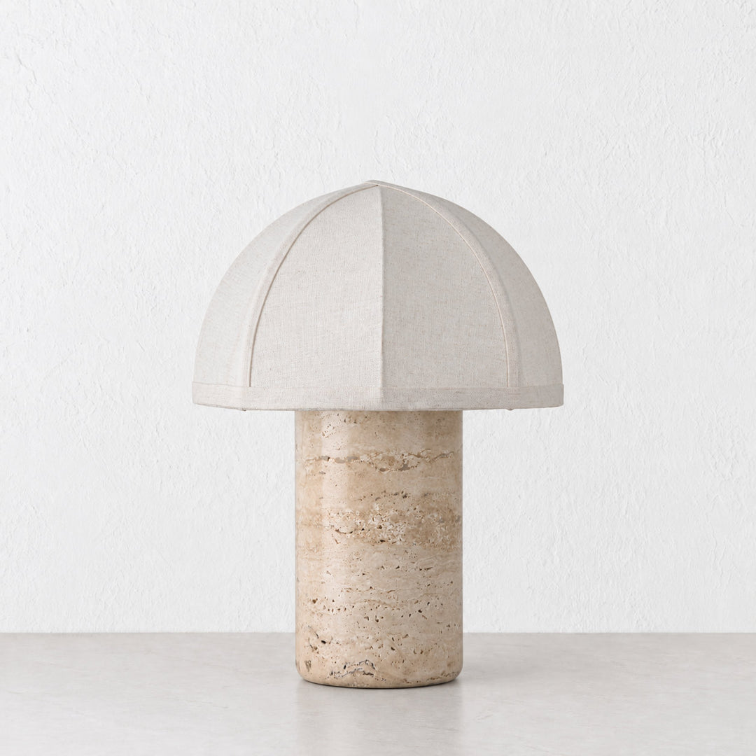 RISSOLI DOME TABLE LAMP  |  33CM  |  TRAVERTINE + LINEN SHADE
