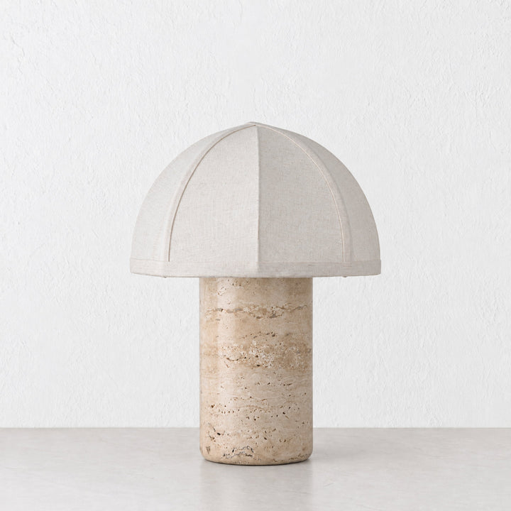 RISSOLI DOME TABLE LAMP  |  33CM  |  TRAVERTINE + LINEN SHADE