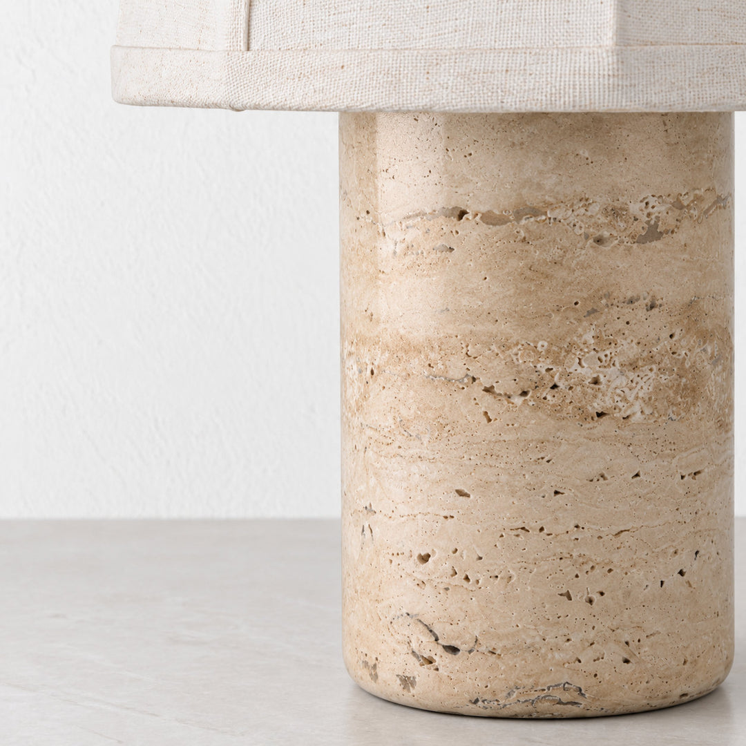 RISSOLI DOME TABLE LAMP  |  33CM  |  TRAVERTINE + LINEN SHADE