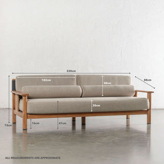 RIVA LEVANTE OUTDOOR 3 SEATER SOFA  |  PORTLAND STONE + BLACK NOIR ROPE  |  NATURAL TEAK FRAME | MEASUREMENTS