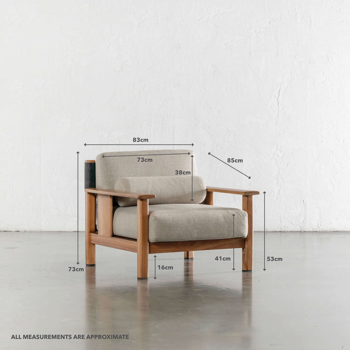 RIVA LEVANTE OUTDOOR ARMCHAIR  |  PORTLAND STONE + BLACK NOIR ROPE  |  NATURAL TEAK FRAME | MEASUREMENTS