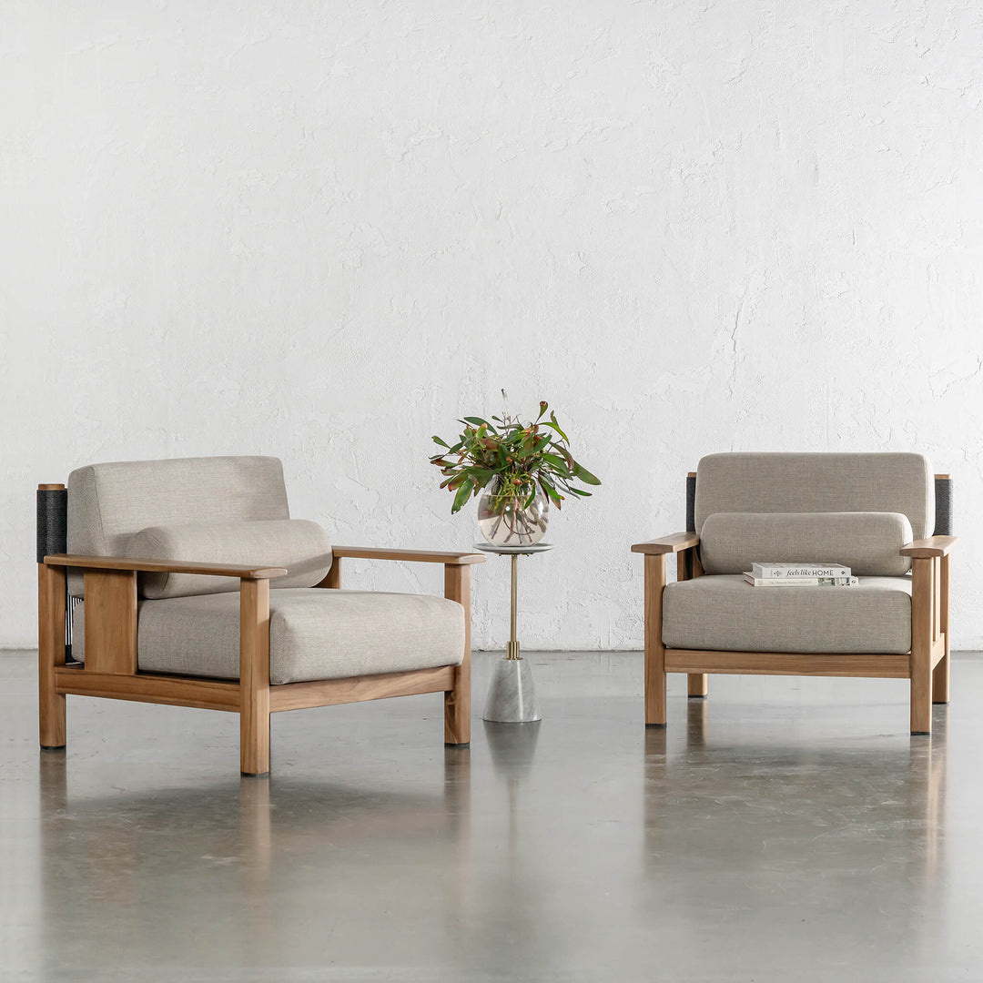 RIVA LEVANTE OUTDOOR ARMCHAIR  |  PORTLAND STONE + BLACK NOIR ROPE  |  NATURAL TEAK FRAME