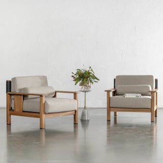 RIVA LEVANTE OUTDOOR ARMCHAIR  |  PORTLAND STONE + BLACK NOIR ROPE  |  NATURAL TEAK FRAME