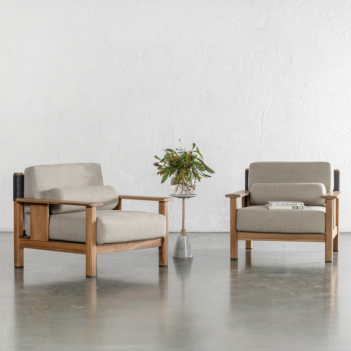 RIVA LEVANTE OUTDOOR ARMCHAIR  |  PORTLAND STONE + BLACK NOIR ROPE  |  NATURAL TEAK FRAME