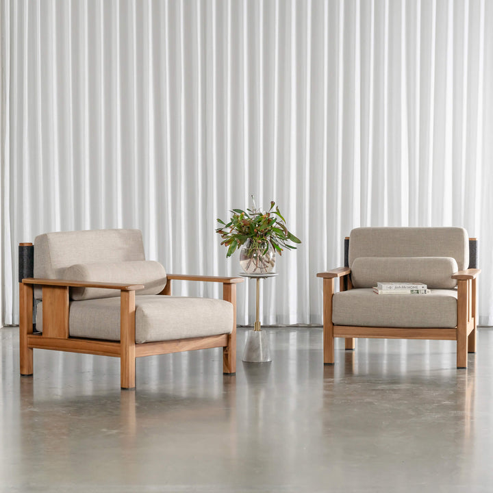 RIVA LEVANTE OUTDOOR ARMCHAIR  |  PORTLAND STONE + BLACK NOIR ROPE  |  NATURAL TEAK FRAME