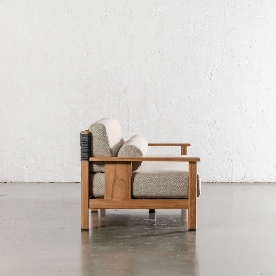 RIVA LEVANTE OUTDOOR 3 SEATER SOFA  |  PORTLAND STONE + BLACK NOIR ROPE  |  NATURAL TEAK FRAME