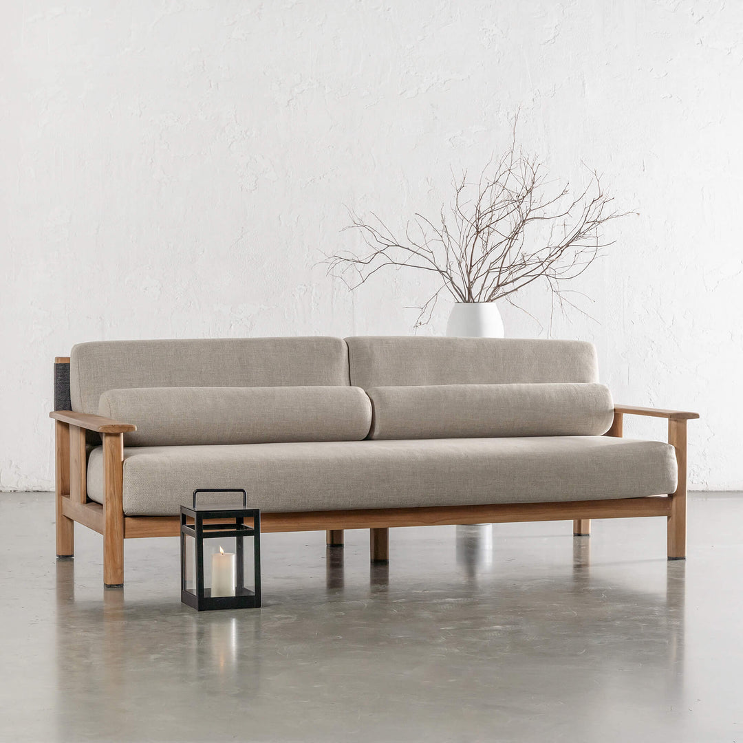 RIVA LEVANTE OUTDOOR 3 SEATER SOFA  |  PORTLAND STONE + BLACK NOIR ROPE  |  NATURAL TEAK FRAME