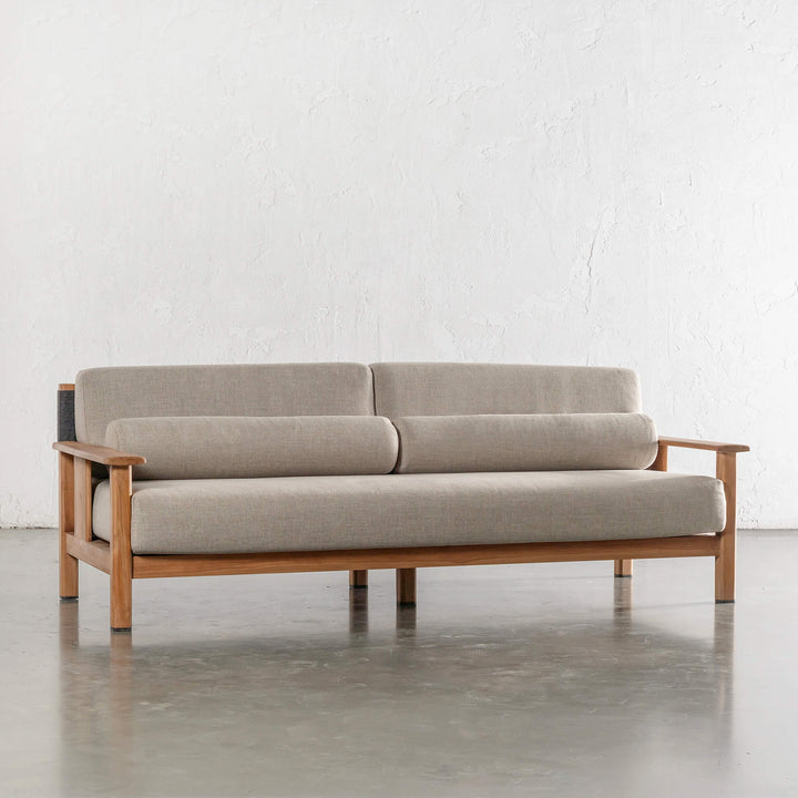 RIVA LEVANTE OUTDOOR 3 SEATER SOFA  |  PORTLAND STONE + BLACK NOIR ROPE  |  NATURAL TEAK FRAME