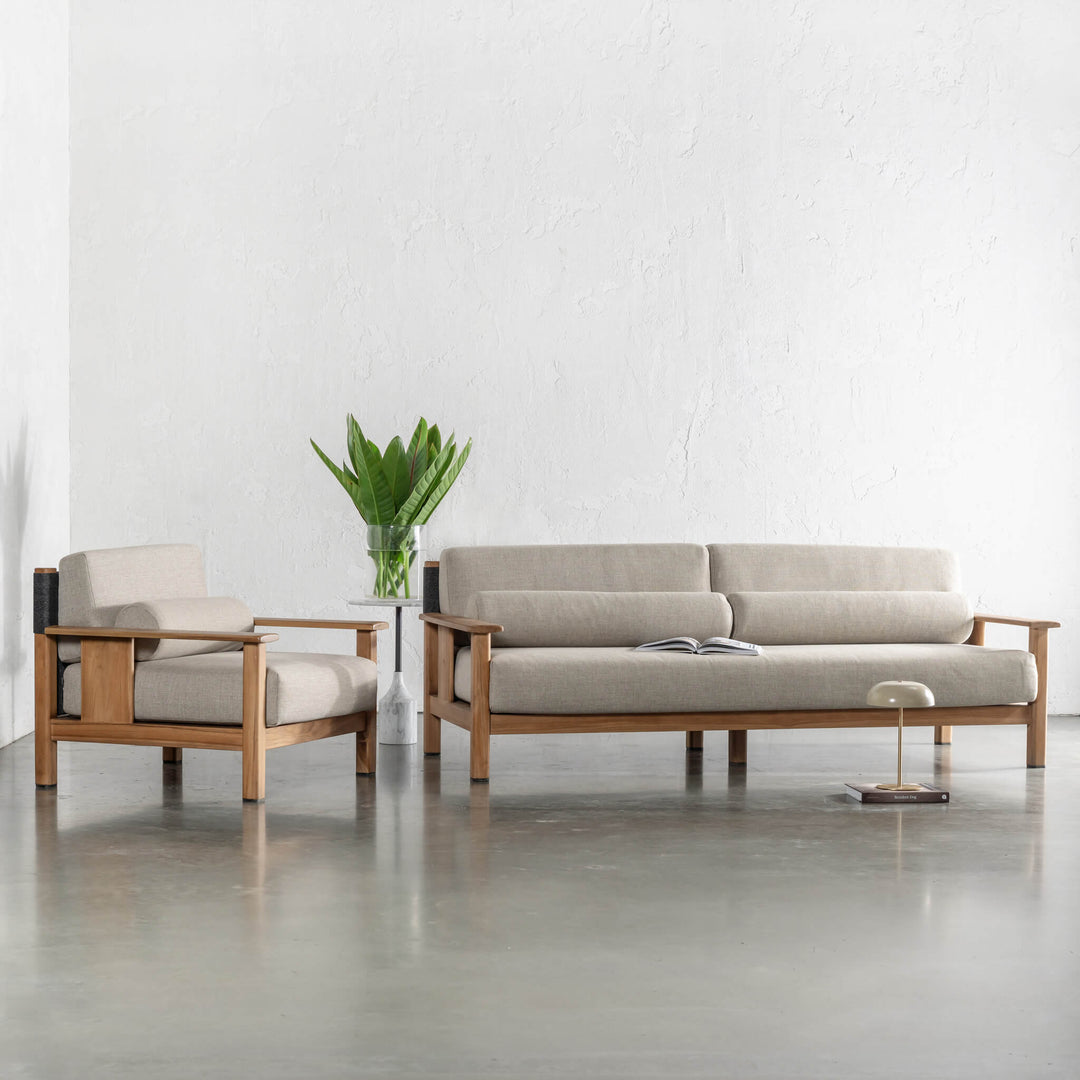 RIVA LEVANTE OUTDOOR 3 SEATER SOFA  |  PORTLAND STONE + BLACK NOIR ROPE  |  NATURAL TEAK FRAME