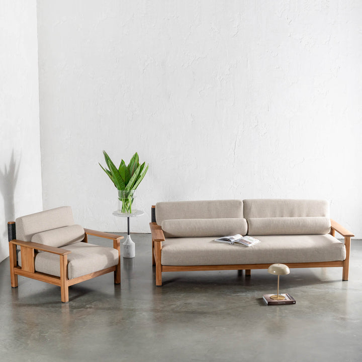 RIVA LEVANTE OUTDOOR 3 SEATER SOFA  |  PORTLAND STONE + BLACK NOIR ROPE  |  NATURAL TEAK FRAME