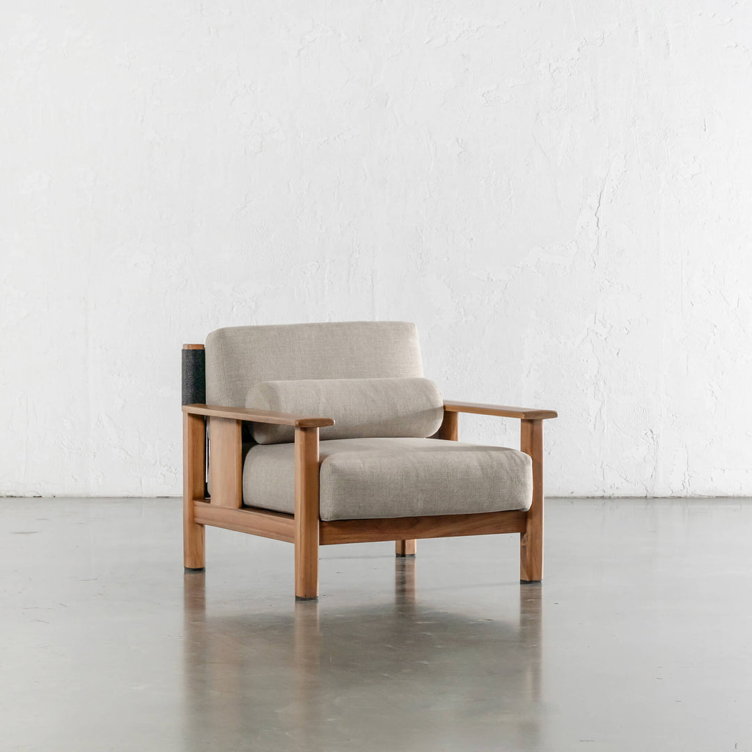 RIVA LEVANTE OUTDOOR ARMCHAIR  |  PORTLAND STONE + BLACK NOIR ROPE  |  NATURAL TEAK FRAME