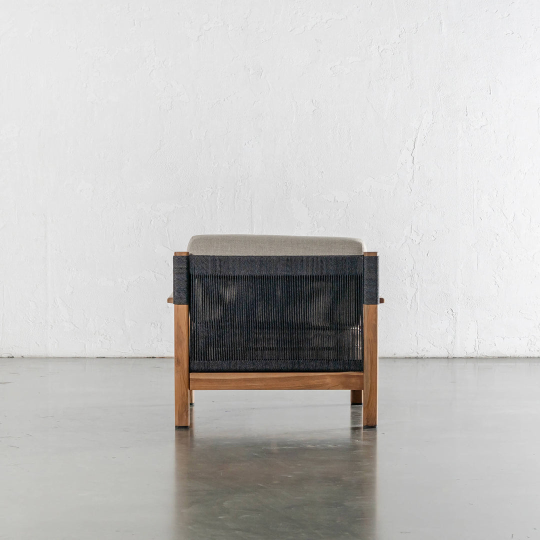 RIVA LEVANTE OUTDOOR ARMCHAIR  |  PORTLAND STONE + BLACK NOIR ROPE  |  NATURAL TEAK FRAME