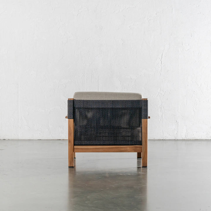 RIVA LEVANTE OUTDOOR ARMCHAIR  |  PORTLAND STONE + BLACK NOIR ROPE  |  NATURAL TEAK FRAME