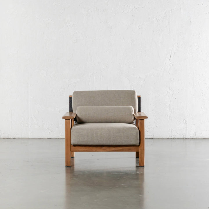 RIVA LEVANTE OUTDOOR ARMCHAIR  |  PORTLAND STONE + BLACK NOIR ROPE  |  NATURAL TEAK FRAME