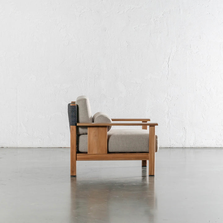 RIVA LEVANTE OUTDOOR ARMCHAIR  |  PORTLAND STONE + BLACK NOIR ROPE  |  NATURAL TEAK FRAME