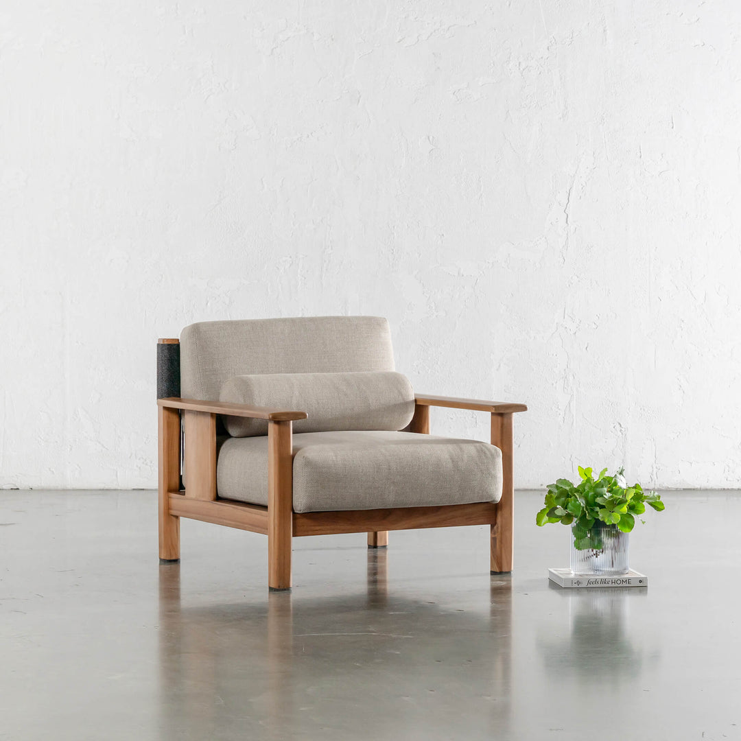 RIVA LEVANTE OUTDOOR ARMCHAIR  |  PORTLAND STONE + BLACK NOIR ROPE  |  NATURAL TEAK FRAME