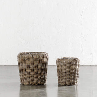 RIVIERE RATTAN ROUND POT WITH PLASTIC INNER LINER BUNDLE X2  |  LARGE + X-LARGE