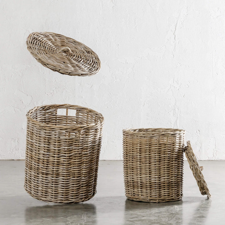 RIVIERE RATTAN ROUND LAUNDRY BASKET WITH LID BUNDLE X2  |  MEDIUM + X-LARGE