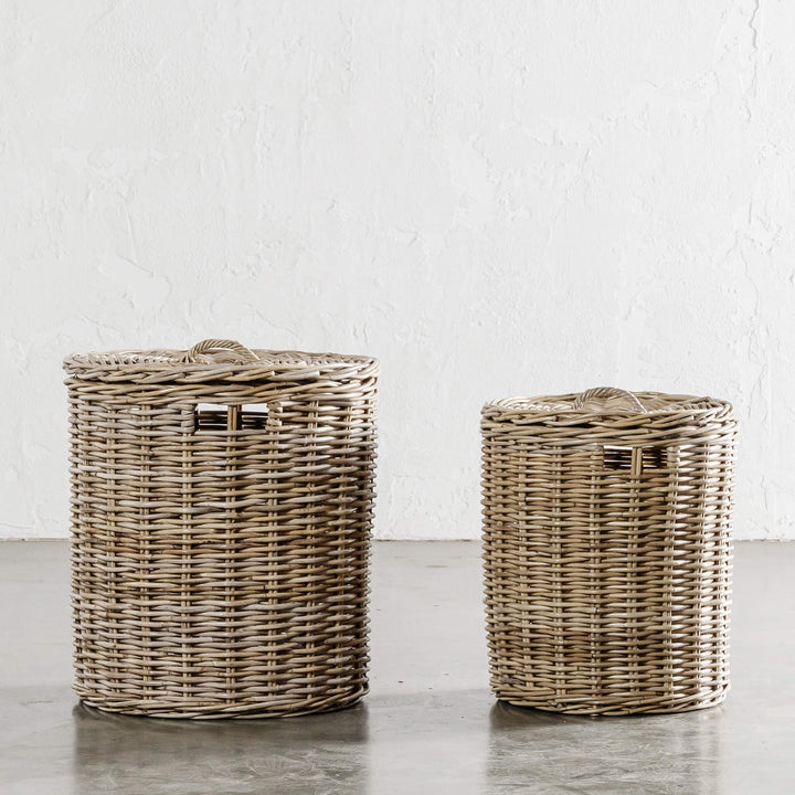 RIVIERE RATTAN ROUND LAUNDRY BASKET WITH LID BUNDLE X2  |  MEDIUM + X-LARGE UNSTYLED