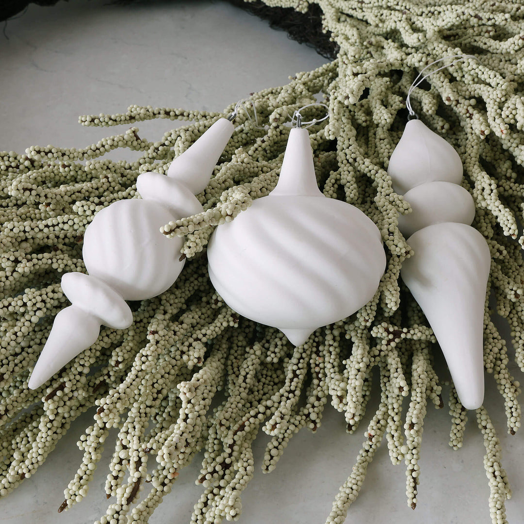 ROBERT GORDON  |  HANGING FLUTED BAUBLE  |  WHITE CERAMIC_ close up_ set of three