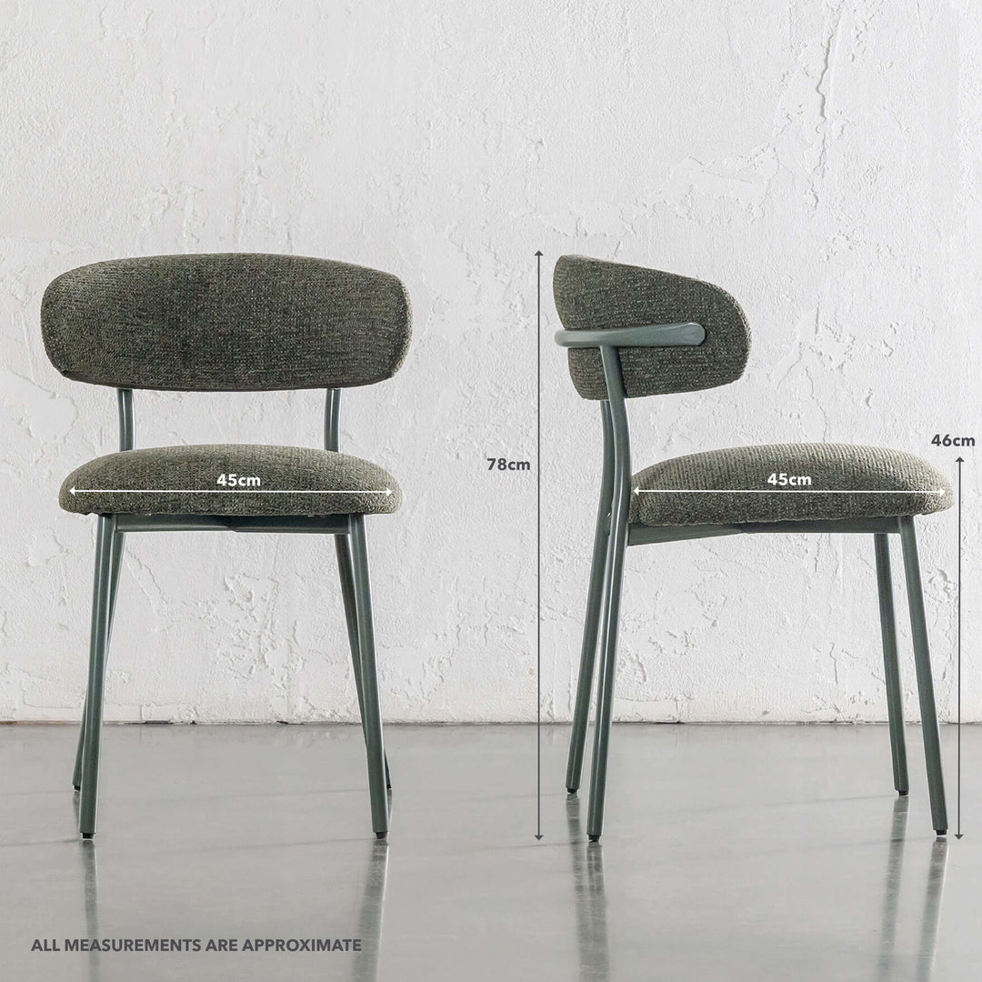 ROCHE FABRIC DINING CHAIR BUNDLE X6 |  BANKSIA LEAF GREEN WITH GREEN FRAME | MEASUREMENTS