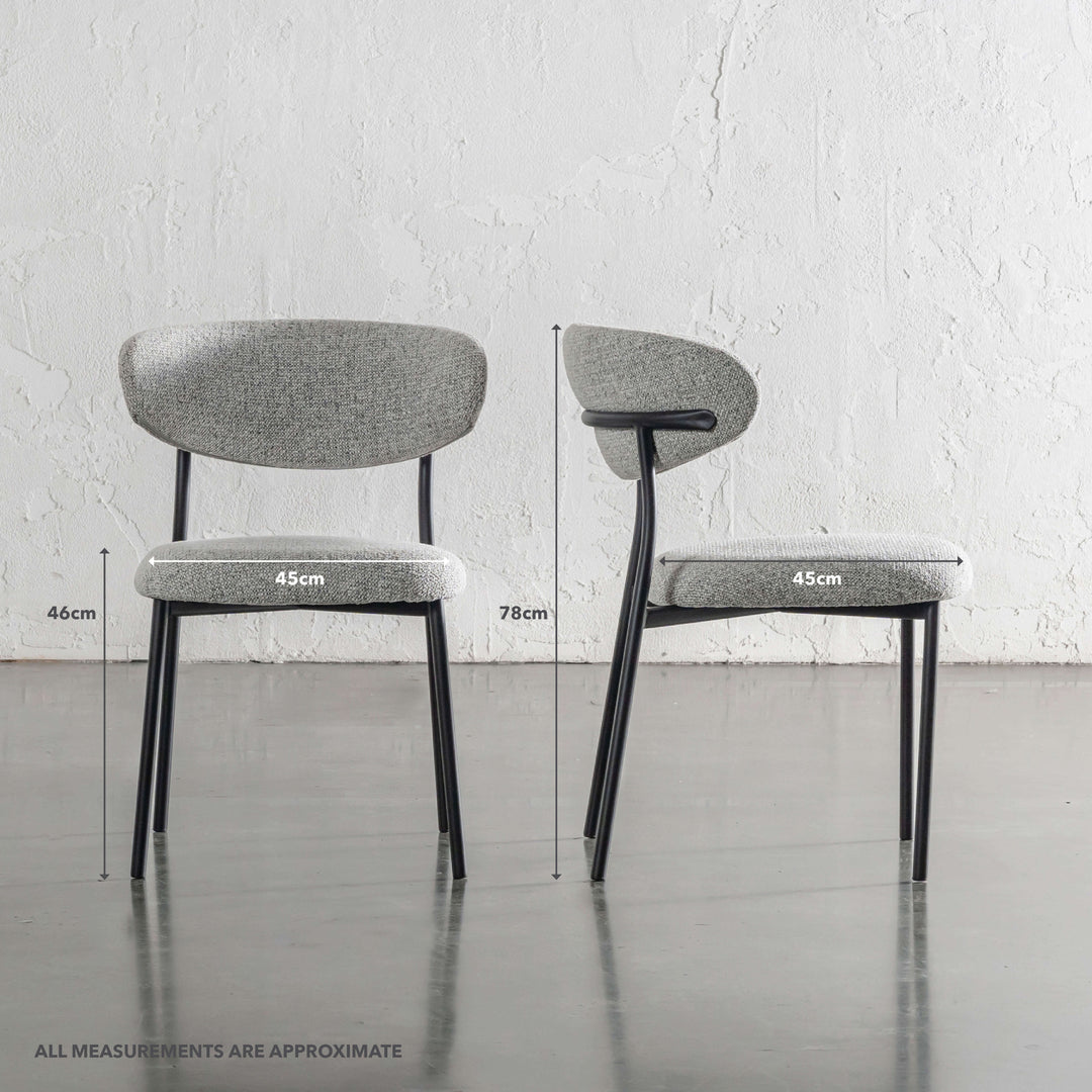 ROCHE FABRIC DINING CHAIR | FOG HAZE + BLACK FRAME | MEASUREMENTS