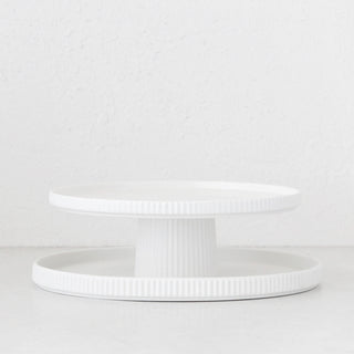 CERAMIC RIBBED BUNDLE X2 |  FOOTED STAND + ROUND PLATTER  |  MATTE WHITE