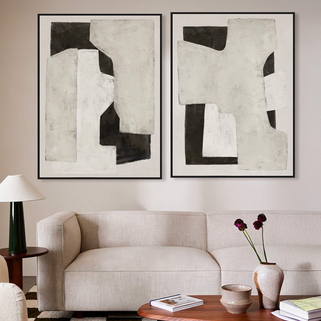 RAVELLO FRAMED CANVAS PRINT |  SET OF 2  |  90 X 120CM  |  NATURAL TAUPE + CHARCOAL  |  BLACK FRAME