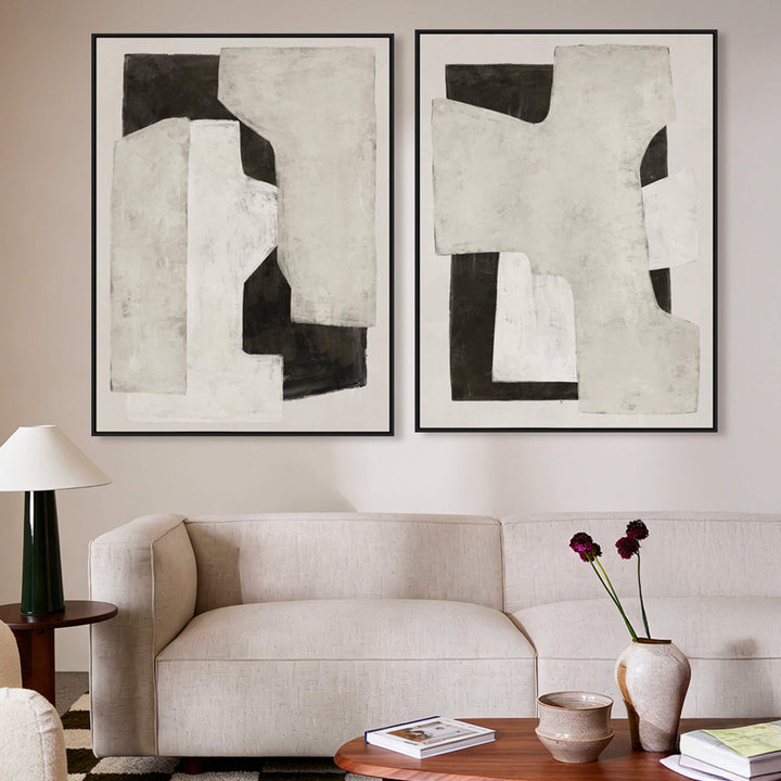 RAVELLO FRAMED CANVAS PRINT |  SET OF 2  |  90 X 120CM  |  NATURAL TAUPE + CHARCOAL  |  BLACK FRAME