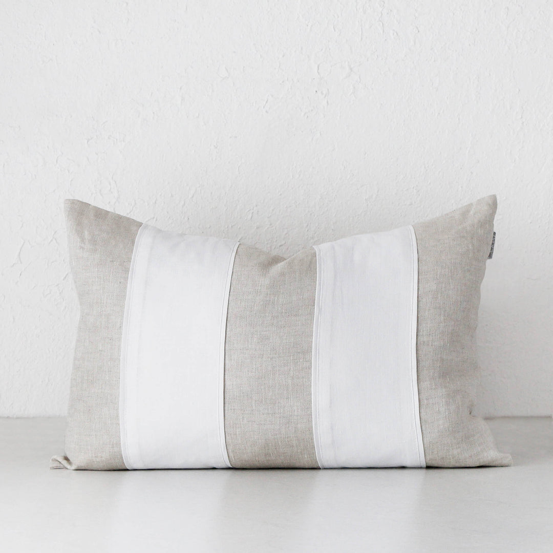 RILEY LINEN PATCH CUSHION | 40 X 60 | WHITE + LINEN STRIPE