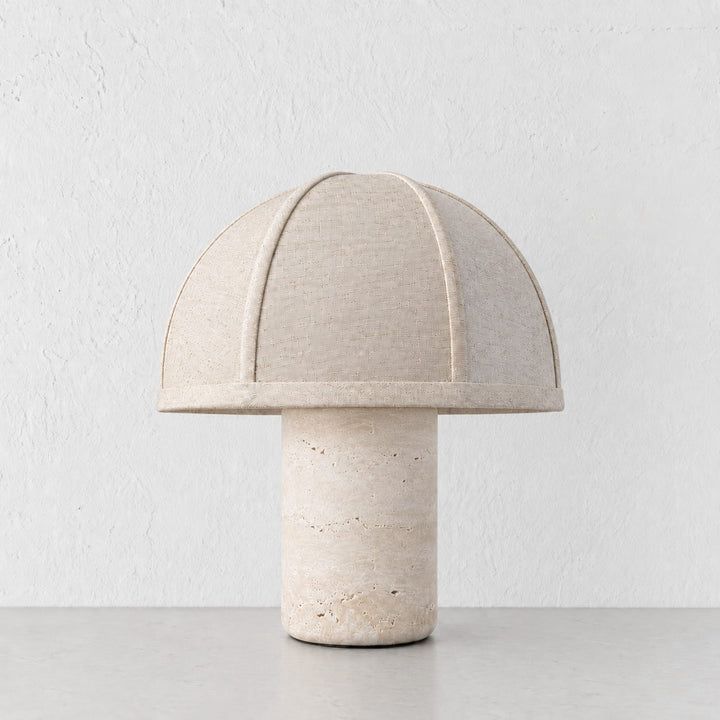 RISSOLI DOME TABLE LAMP  |  33CM  |  TRAVERTINE + LINEN SHADE