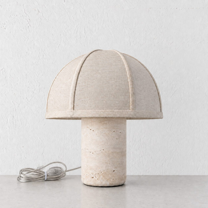 RISSOLI DOME TABLE LAMP  |  33CM  |  TRAVERTINE + LINEN SHADE