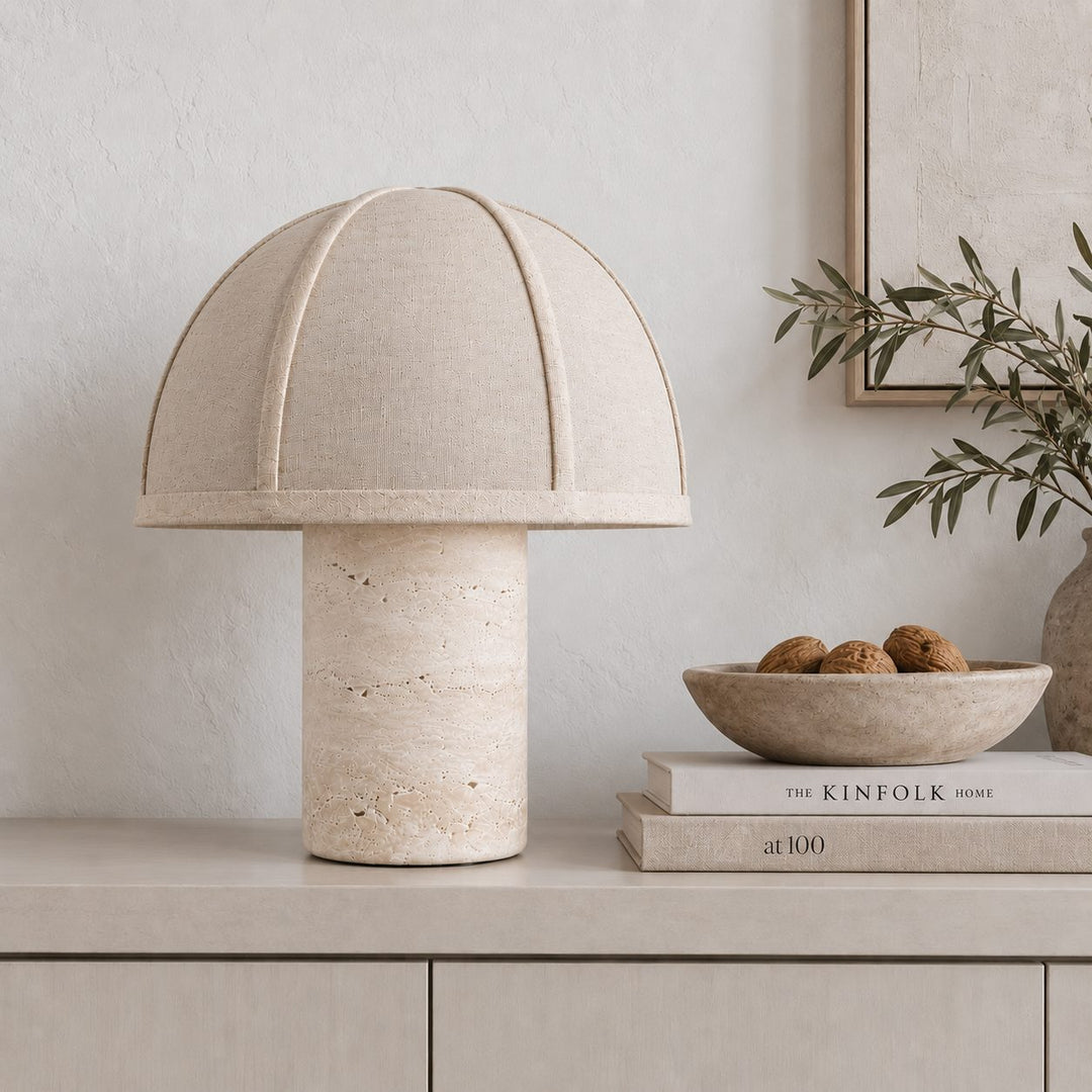 RISSOLI DOME TABLE LAMP  |  33CM  |  TRAVERTINE + LINEN SHADE