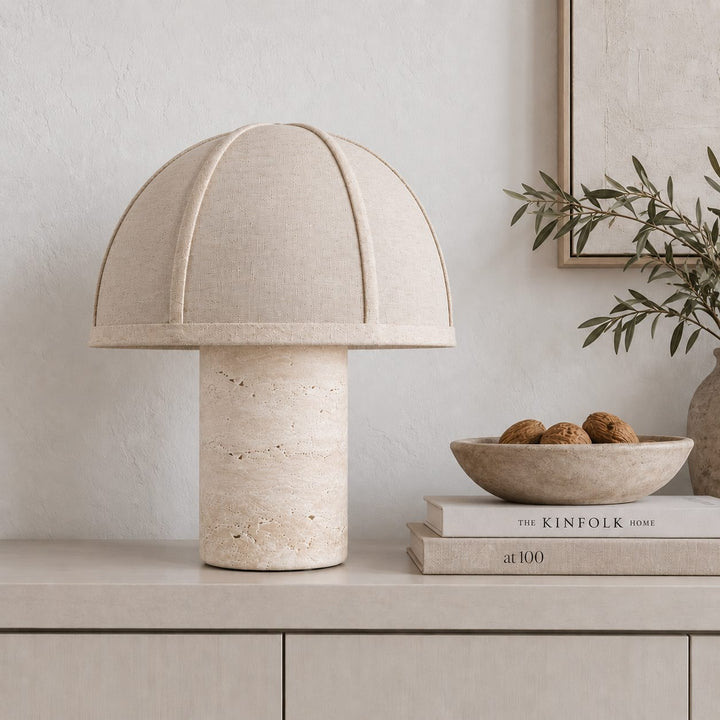 RISSOLI DOME TABLE LAMP  |  33CM  |  TRAVERTINE + LINEN SHADE