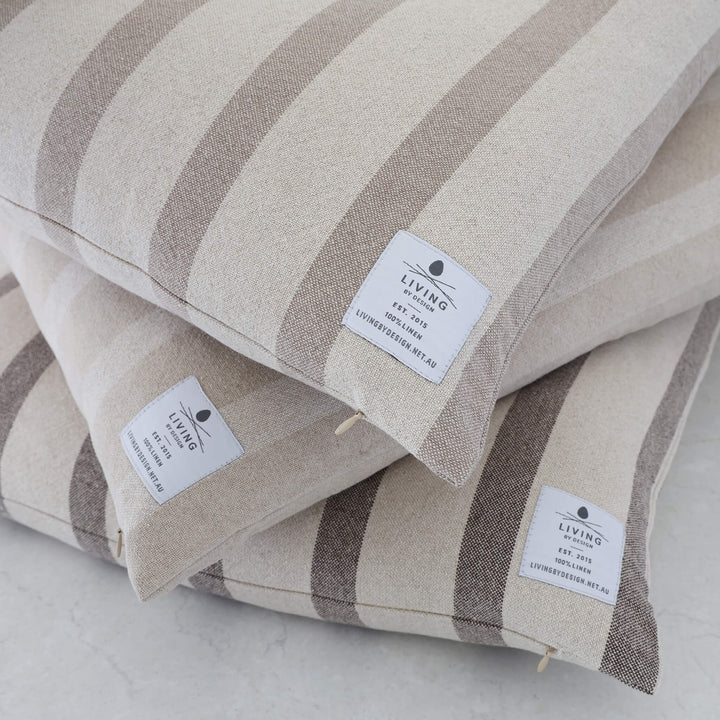 SAINTE MAXIME STRIPE CUSHION | STRIPE COLLECTION STACK | CLOSE UP | LABEL