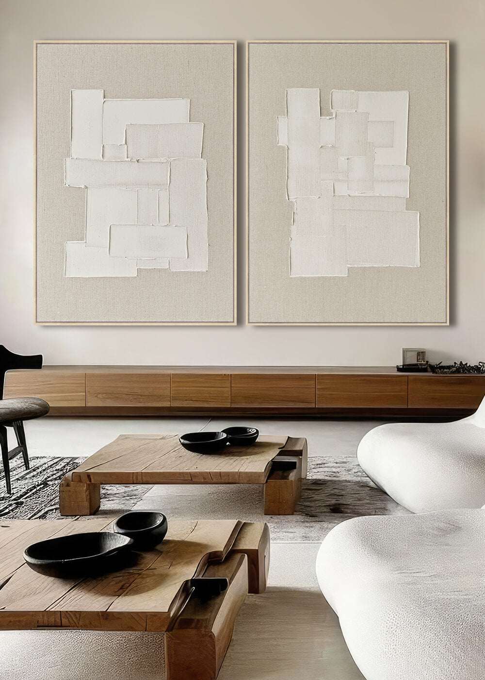 SALINA FRAMED CANVAS PRINT  |  SET OF 2  |  90X120CM  |  WHITE + NATURAL LINEN  |  NATURAL BAMBOO FRAME