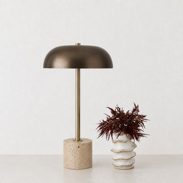 SAN LOURENCA TABLE LAMP  |  DARK BRASS SHADE + TRAVERTINE