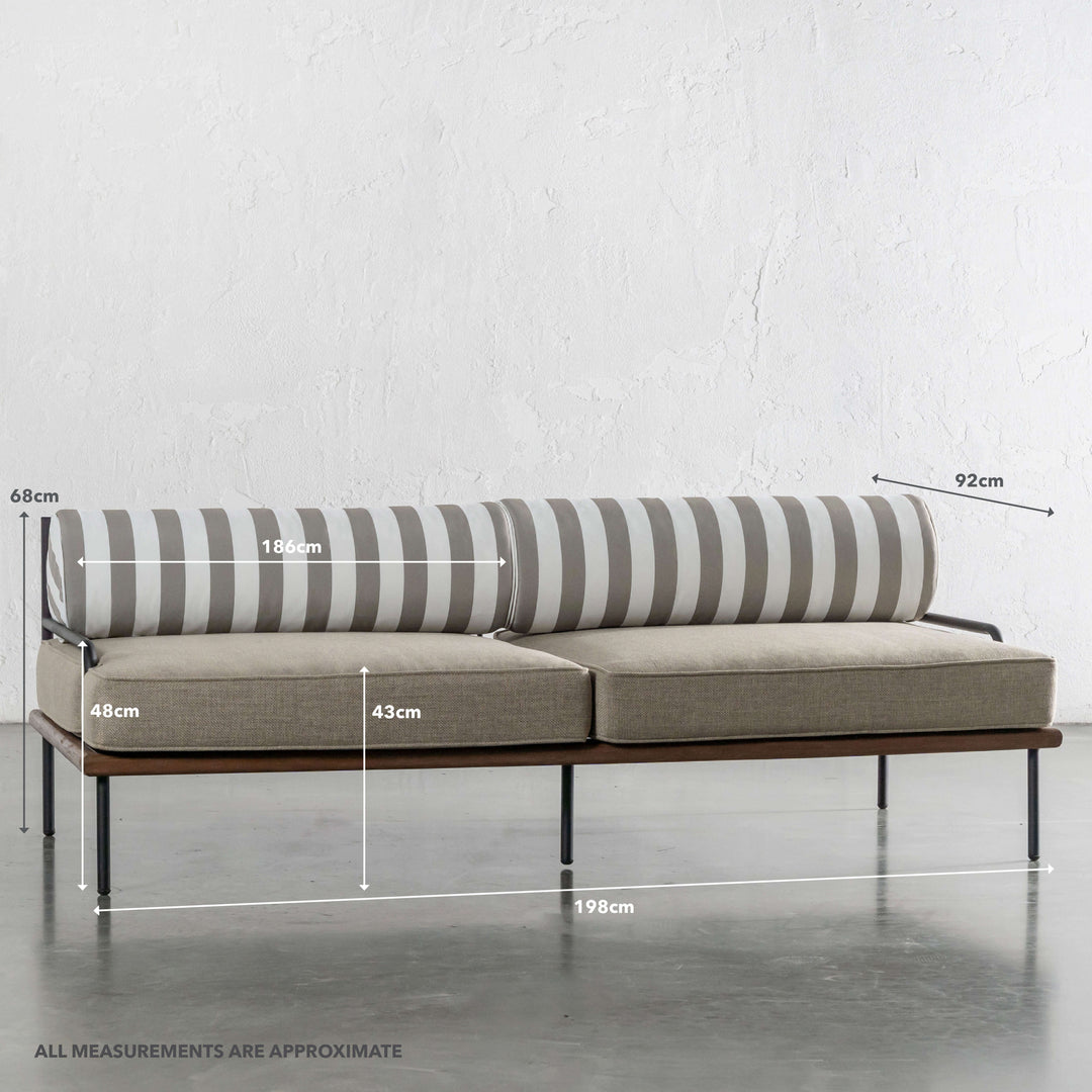 SAN ANDREAS 3 SEATER OUTDOOR SOFA  |  BALSA STONE + WHITE SEASIDE STRIPE | MEASUREMENTS