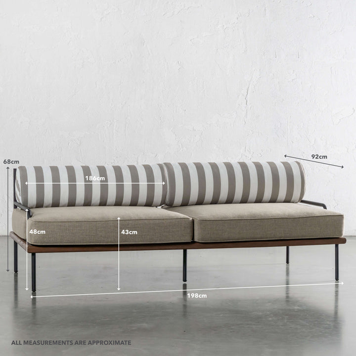 SAN ANDREAS 3 SEATER OUTDOOR SOFA  |  BALSA STONE + WHITE SEASIDE STRIPE | MEASUREMENTS