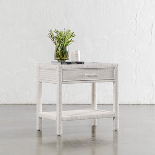 SAN AUGUSTINE RATTAN HERRING WEAVE  |  NIGHTSTAND SINGLE DRAWER  |  LIMED WHITE RATTAN
