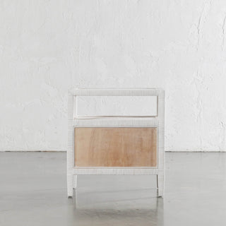 SAN AUGUSTINE RATTAN HERRING WEAVE  |  NIGHTSTAND DOUBLE DRAWER  |  LIMED WHITE RATTAN