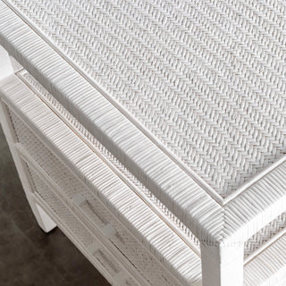 SAN AUGUSTINE RATTAN HERRING WEAVE  |  NIGHTSTAND DOUBLE DRAWER  |  LIMED WHITE RATTAN | CLOSE UP