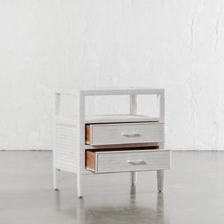 SAN AUGUSTINE RATTAN HERRING WEAVE  |  NIGHTSTAND DOUBLE DRAWER  |  LIMED WHITE RATTAN