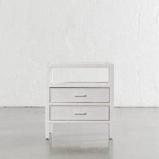 SAN AUGUSTINE RATTAN HERRING WEAVE  |  NIGHTSTAND DOUBLE DRAWER  |  LIMED WHITE RATTAN